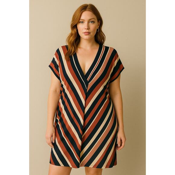 MNG Mango Multicolor Striped Short Drop Sleeve V Neck A Line Mini Day Dress Sz L - Picture 6 of 6